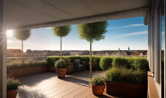 Terrasse mit Ausblick auf eine Stadt mit vielen Büschen und Hecken