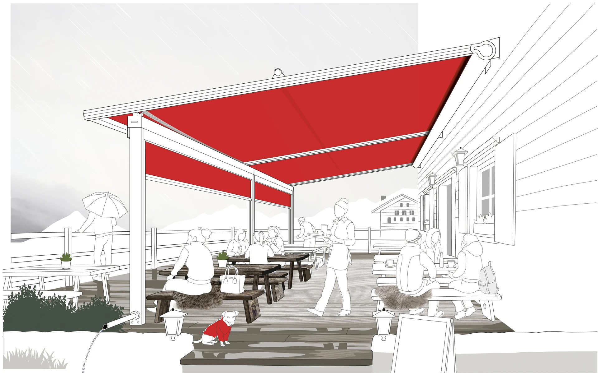 Illustration eines gemütlichen Außenbereichs mit rotem Sonnenschutz und Menschen, die an Holztischen sitzen